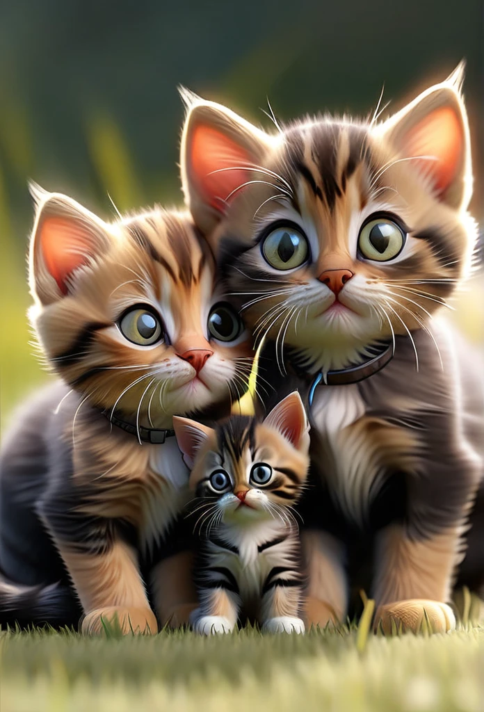 a group of three kittens huddled together on a grassy field, two tabby colored kittens and one black kitten, detailed fur textures, adorable expressions, photorealistic, 8k, ultra-detailed, realistic lighting, soft focus, natural colors, shallow depth of field