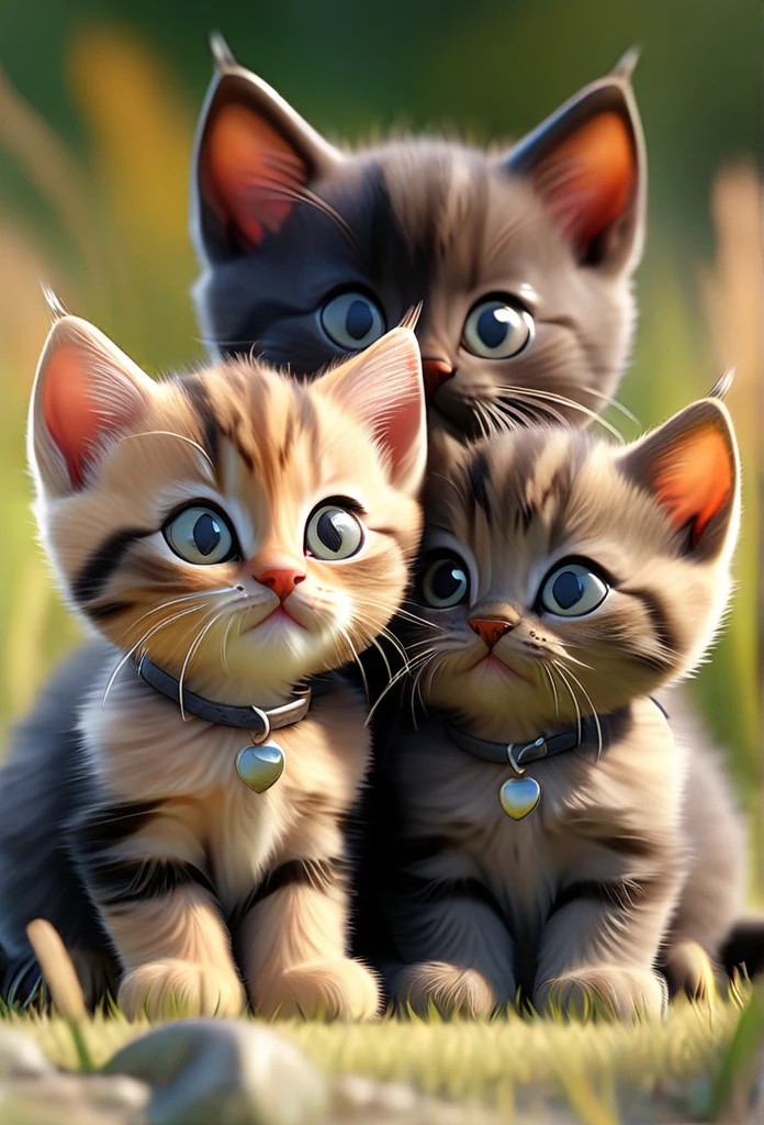 a group of three kittens huddled together on a grassy field, two tabby colored kittens and one black kitten, detailed fur textures, adorable expressions, photorealistic, 8k, ultra-detailed, realistic lighting, soft focus, natural colors, shallow depth of field