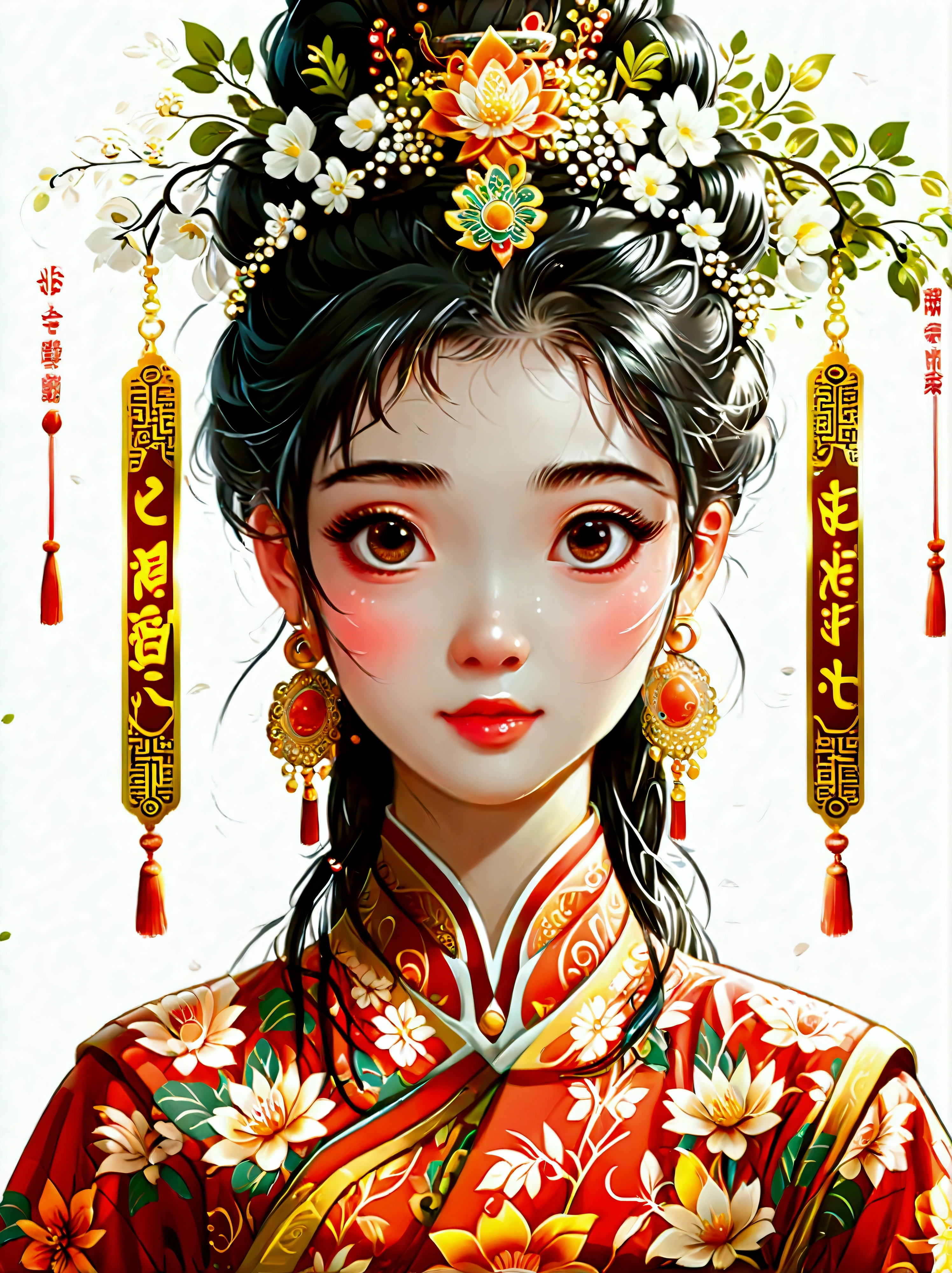 Cute and humorous Q version Chinese girl，big eyes，bust，sticker，6 different facial expressions，expression board，Various poses and expressions，Anthropomorphic style，Ancient and classic style，Showing a variety of emotions，Cartoon illustration，Vector illustration, (Nine Palace Grid Layout: 1.5)，(White background:1.5)，Clear outline，Perfect details，Clear boundaries，No crossover