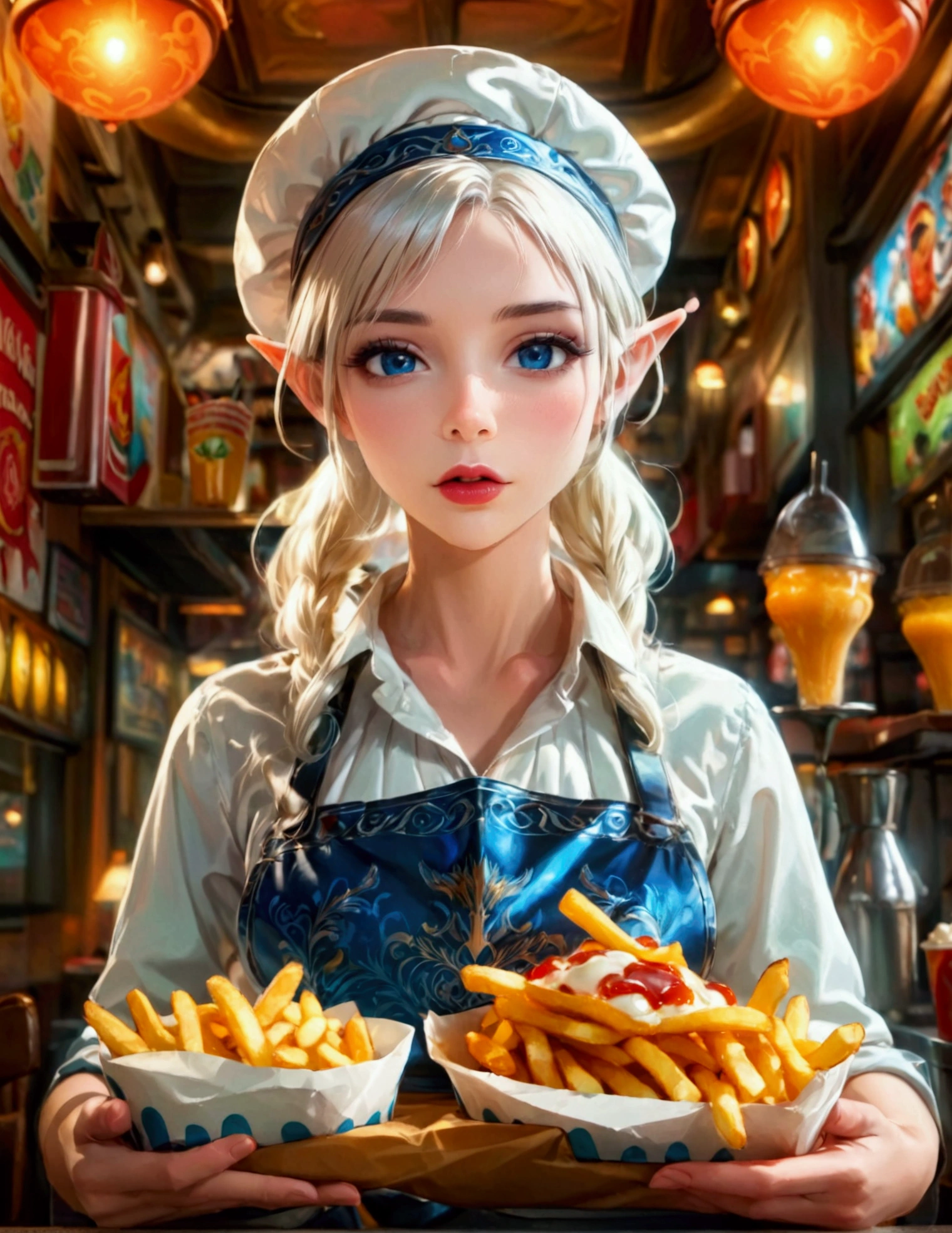 A beautiful elven princess working as a fast food server at Merlin's, wearing an apron and cap, serving magic milkshakes and baskets of fries, high fantasy, extremely detailed, intricate details, photorealistic, 8k, dramatic lighting, vivid colors, cinematic composition, fantasy elements, fantasy food, fantasy restaurant interior
