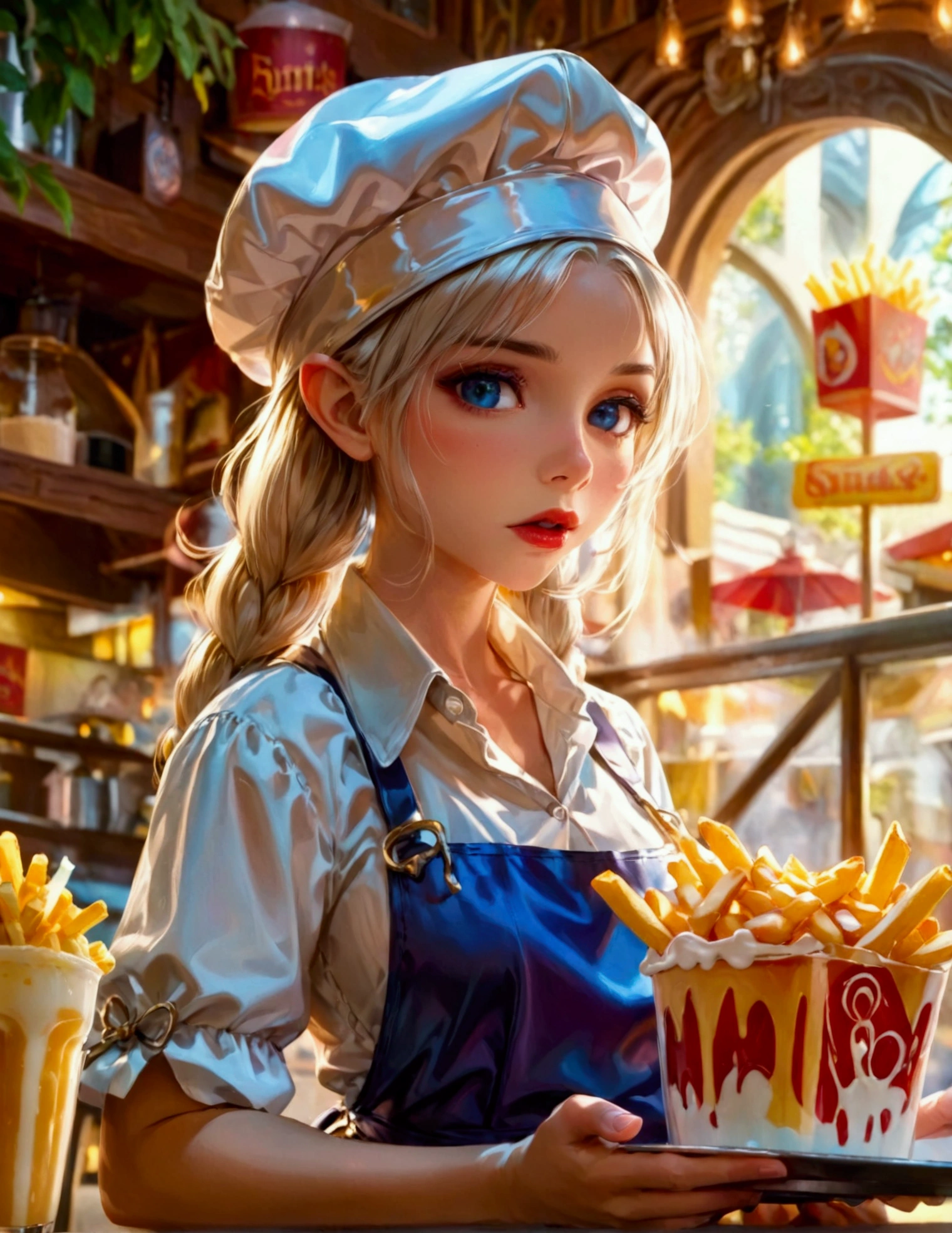 A beautiful elven princess working as a fast food server at Merlin's, wearing an apron and cap, serving magic milkshakes and baskets of fries, high fantasy, extremely detailed, intricate details, photorealistic, 8k, dramatic lighting, vivid colors, cinematic composition, fantasy elements, fantasy food, fantasy restaurant interior
