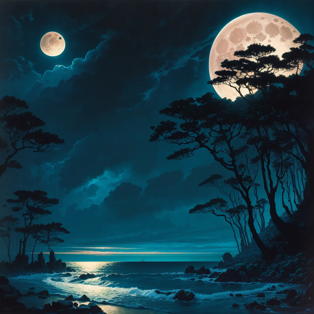 painting of a full moon over a beach with rocks and trees, michael whelan and gustave done, by Eyvind Earle, by Chris Moore, inspired by Michael Whelan, micheal whelan, by Michael Whelan, chris moore”, michael whelan and gustave dore, by Ken Danby, wayne barlowe pierre pellegrini, darrell k sweet, michael whelan art, moonlit ocean