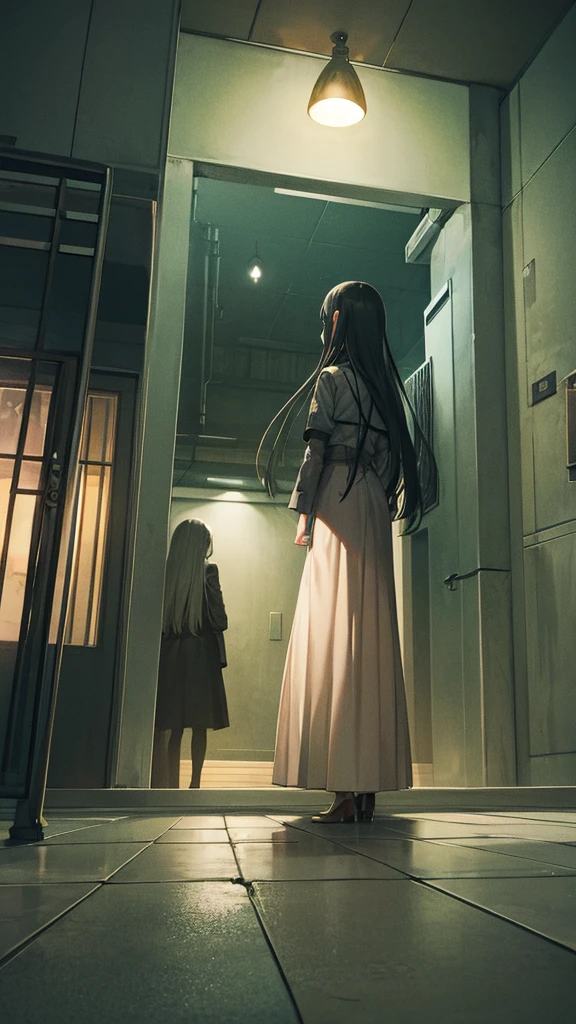 indoor、dim、night、Horror、Concrete wall、Faceless woman