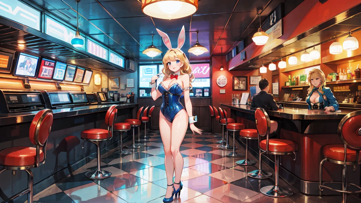 "A beautiful American bunny girl, wearing a classic Playboy Bunny outfit with a patriotic twist. She has blonde hair styled in soft waves, blue eyes, and a bright smile. The outfit includes a red, white, and blue corset, matching high heels, and a pair of fluffy white bunny ears with an American flag pattern. She is standing in a 1950s-style diner with retro decor, neon lights, and a jukebox in the background. The atmosphere is lively and fun, capturing the spirit of American pop culture."