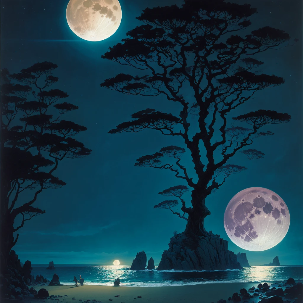painting of a full moon over a beach with rocks and trees, michael whelan and gustave done, by Eyvind Earle, by Chris Moore, inspired by Michael Whelan, micheal whelan, by Michael Whelan, chris moore”, michael whelan and gustave dore, by Ken Danby, wayne barlowe pierre pellegrini, darrell k sweet, michael whelan art, moonlit ocean