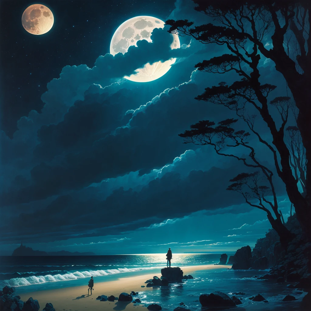 painting of a full moon over a beach with rocks and trees, michael whelan and gustave done, by Eyvind Earle, by Chris Moore, inspired by Michael Whelan, micheal whelan, by Michael Whelan, chris moore”, michael whelan and gustave dore, by Ken Danby, wayne barlowe pierre pellegrini, darrell k sweet, michael whelan art, moonlit ocean