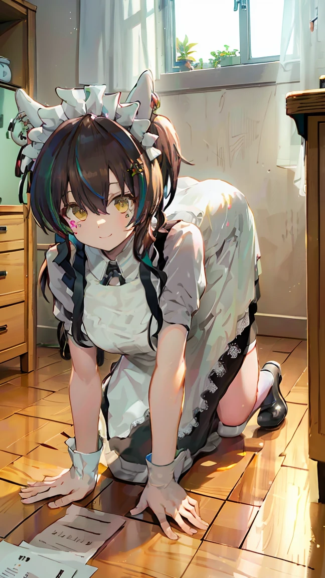 masterpiece, Highest quality, High resolution, Very detailed,(((Daitaku Helios))), (((Maid clothes)))), (((smile)))), On all fours, indoor, window