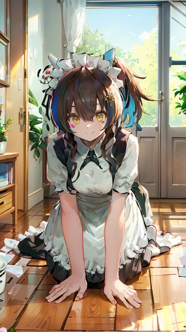 masterpiece, Highest quality, High resolution, Very detailed,(((Daitaku Helios))), (((Maid clothes)))), (((smile)))), On all fours, indoor, window