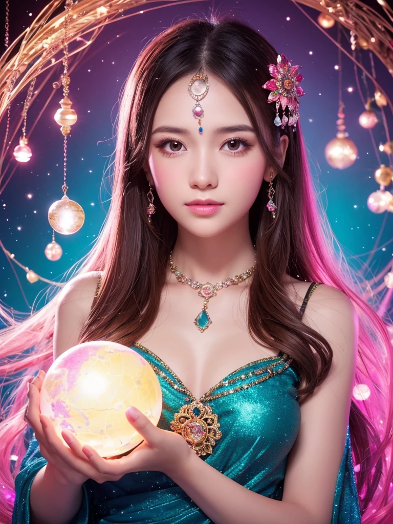 Shining young woman decorated with various gems, holding one huge crystal ball in both hands, staring straight into the camera, in the middle, very bright colors, light particles, shining, Musib, wallpaper art, UHD wallpaper, background pink, divination to meditate, mysterious