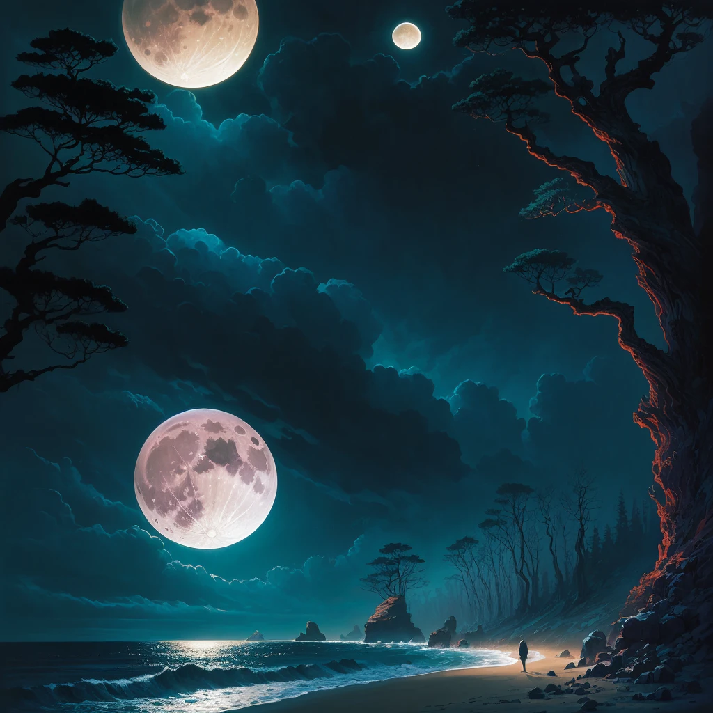 painting of a full moon over a beach with rocks and trees, an airbrush painting by Eyvind Earle, deviantart, fantasy art, michael whelan and gustave done, micheal whelan, chris moore”, michael whelan and gustave dore, wayne barlowe pierre pellegrini, darrell k sweet, michael whelan art, moonlit ocean, jim warren, stunning moonlight and shadows