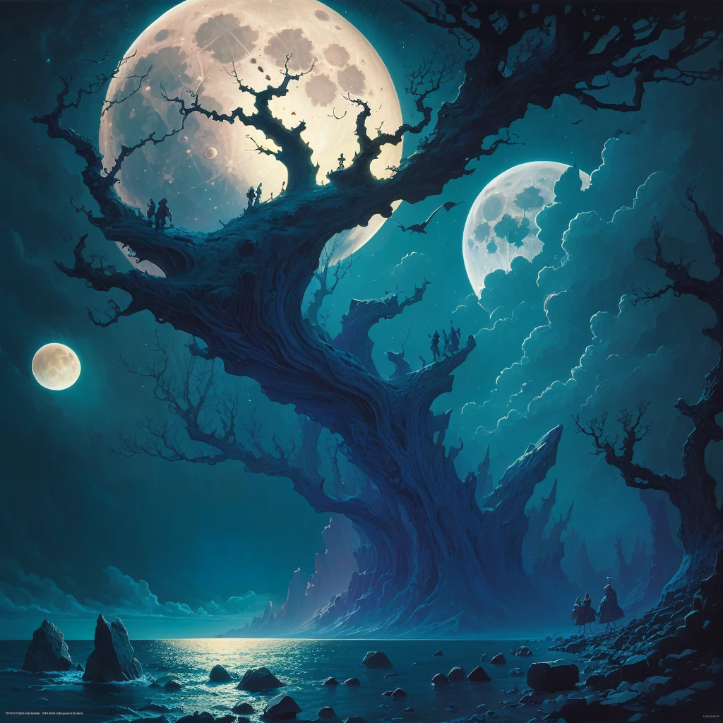 painting of a full moon over a beach with rocks and trees, an airbrush painting by Eyvind Earle, deviantart, fantasy art, michael whelan and gustave done, micheal whelan, chris moore”, michael whelan and gustave dore, wayne barlowe pierre pellegrini, darrell k sweet, michael whelan art, moonlit ocean, jim warren, stunning moonlight and shadows