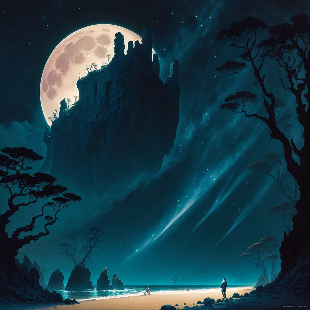 painting of a full moon over a beach with rocks and trees, an airbrush painting by Eyvind Earle, deviantart, fantasy art, michael whelan and gustave done, micheal whelan, chris moore”, michael whelan and gustave dore, wayne barlowe pierre pellegrini, darrell k sweet, michael whelan art, moonlit ocean, jim warren, stunning moonlight and shadows