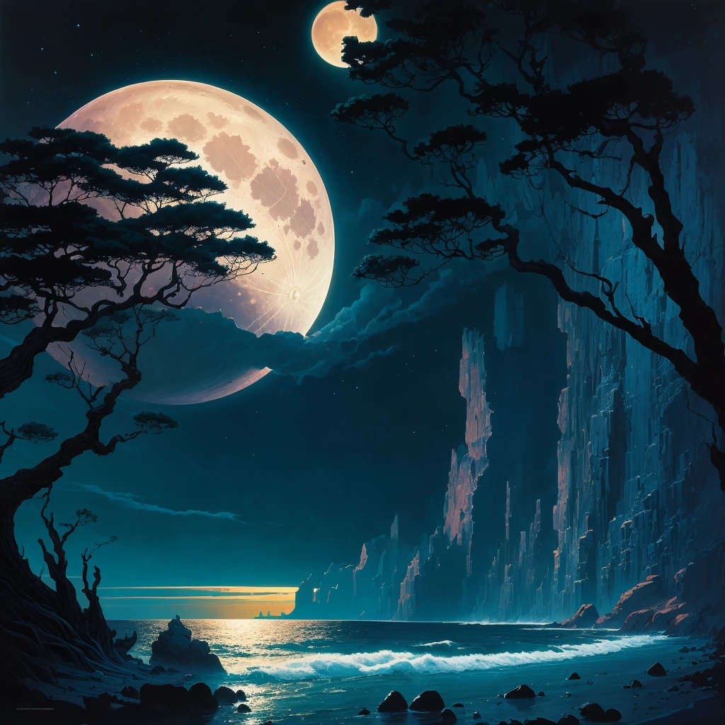 painting of a full moon over a beach with rocks and trees, an airbrush painting by Eyvind Earle, deviantart, fantasy art, michael whelan and gustave done, micheal whelan, chris moore”, michael whelan and gustave dore, wayne barlowe pierre pellegrini, darrell k sweet, michael whelan art, moonlit ocean, jim warren, stunning moonlight and shadows