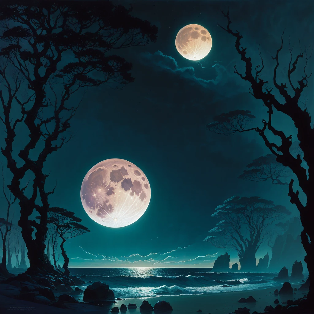 painting of a full moon over a beach with rocks and trees, an airbrush painting by Eyvind Earle, deviantart, fantasy art, michael whelan and gustave done, micheal whelan, chris moore”, michael whelan and gustave dore, wayne barlowe pierre pellegrini, darrell k sweet, michael whelan art, moonlit ocean, jim warren, stunning moonlight and shadows