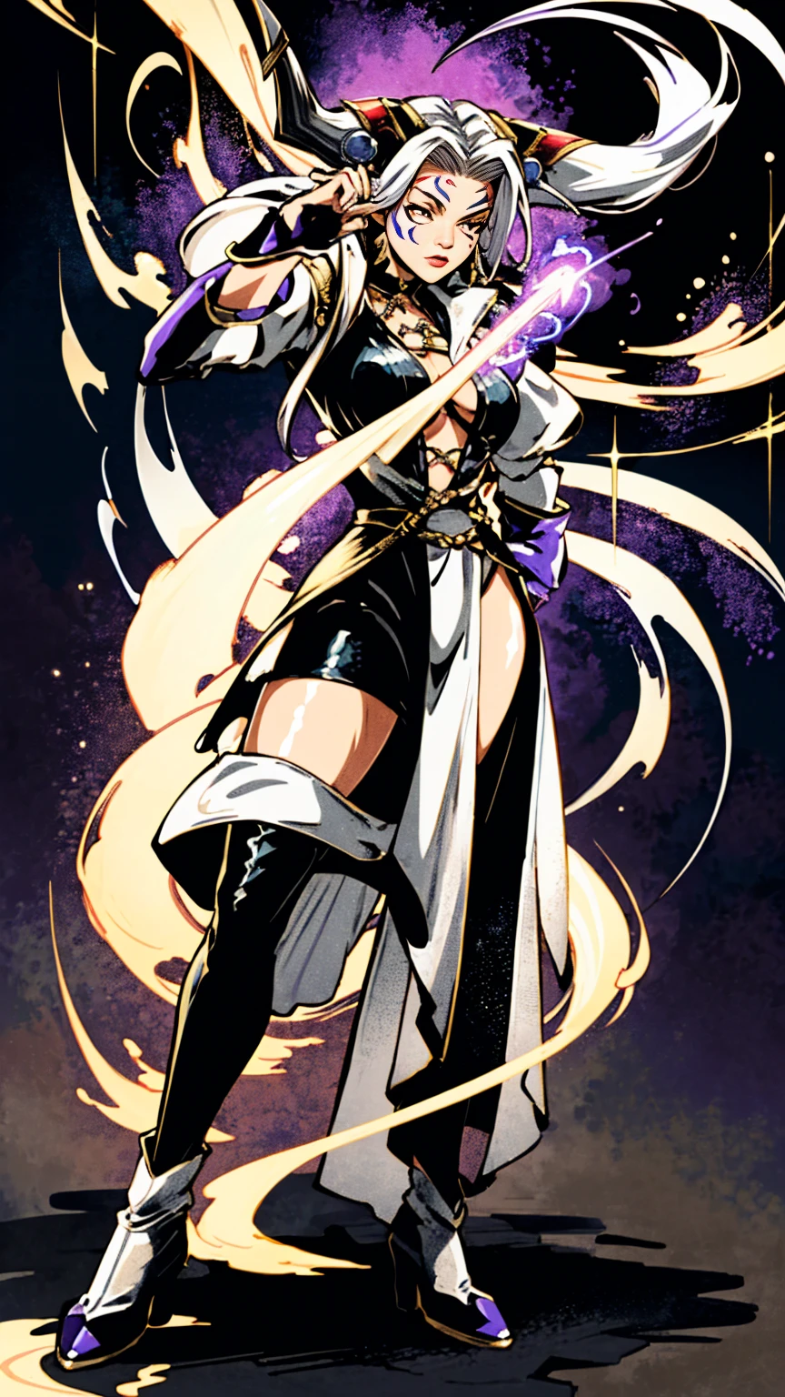 masterpiece, hyperrealistic, best quality, full body image, combat stance, (ultimecia from ffviii), horns, facial markings, white hair, time sorceress ultimecia's dress, purple magical energy around her