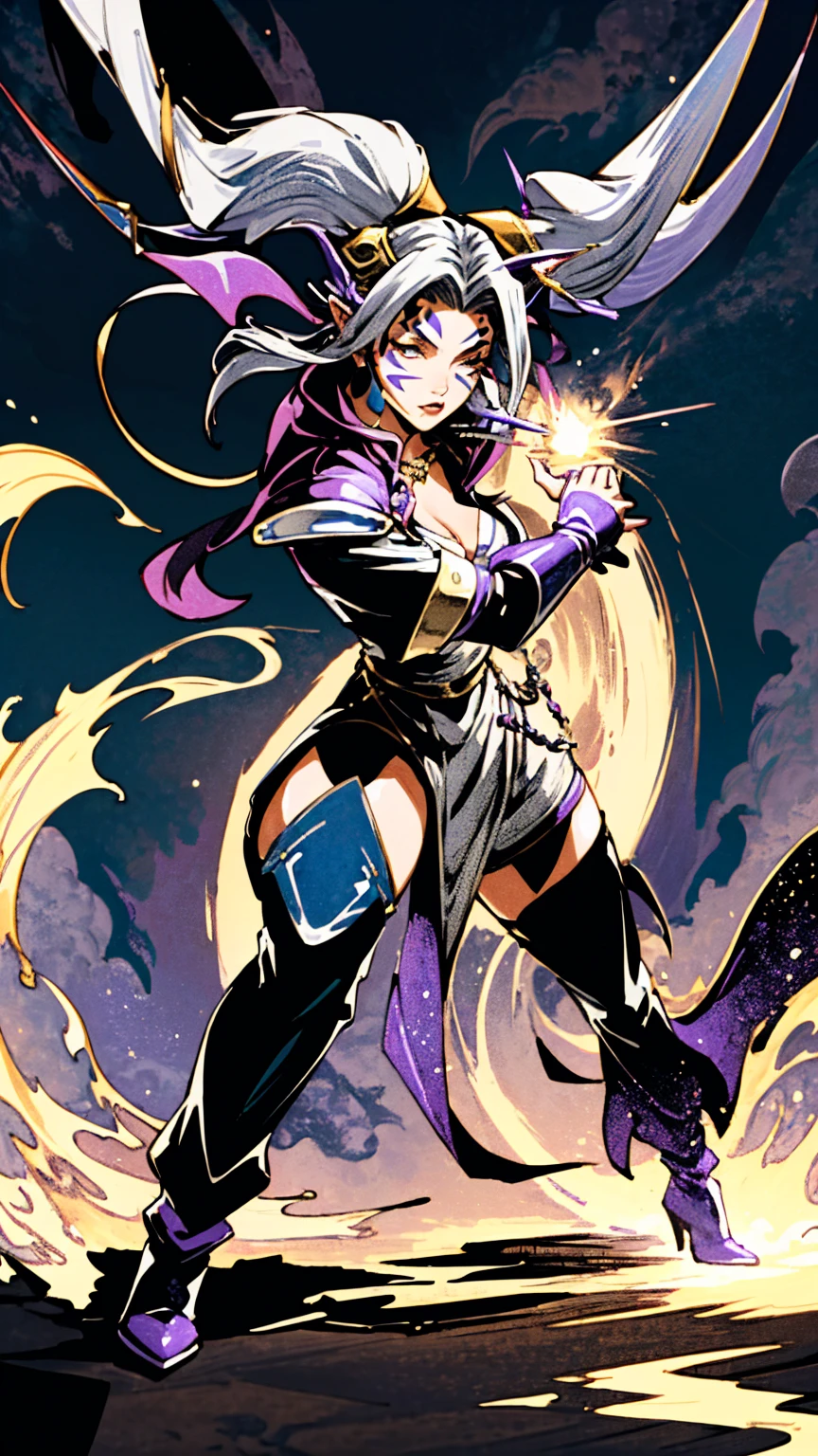 masterpiece, hyperrealistic, best quality, full body image, combat stance, (ultimecia from ffviii), horns, facial markings, white hair, time sorceress ultimecia's dress, purple magical energy around her