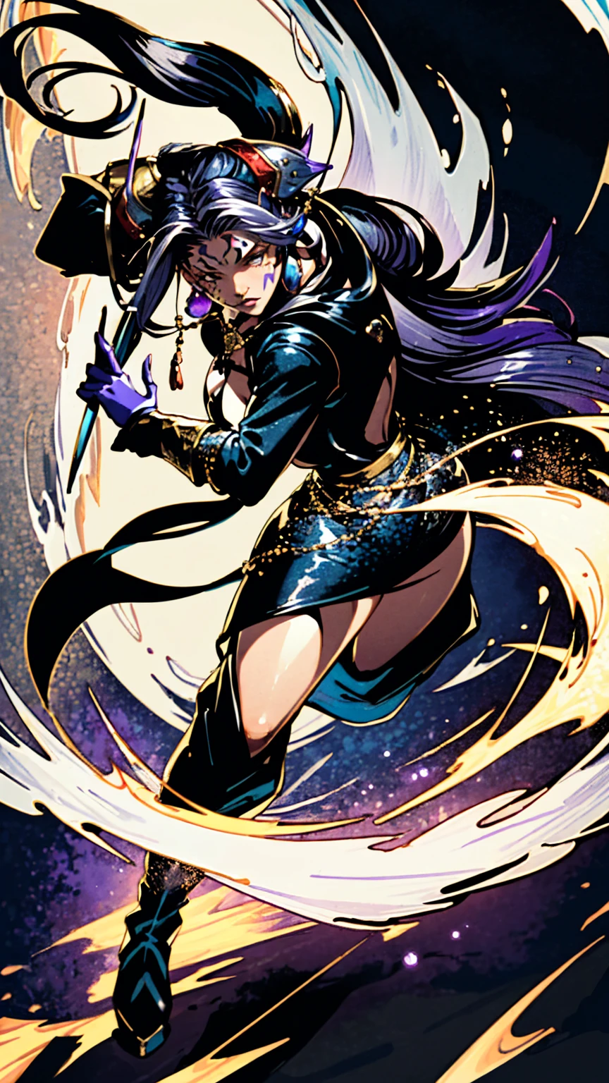 masterpiece, hyperrealistic, best quality, full body image, combat stance, (ultimecia from ffviii), horns, facial markings, white hair, time sorceress ultimecia's dress, purple magical energy around her