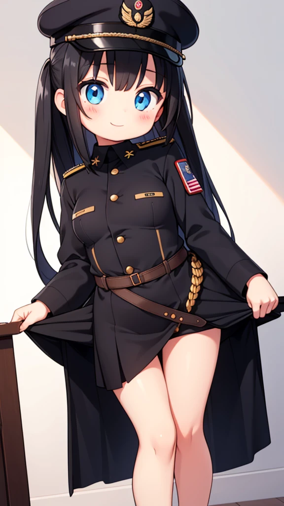 A girl, military girl, long hair, black hair, topless, gentle, good figure, uniform, hat, tear open clothes to expose breasts, , smile,jjmx, seductive eyes,