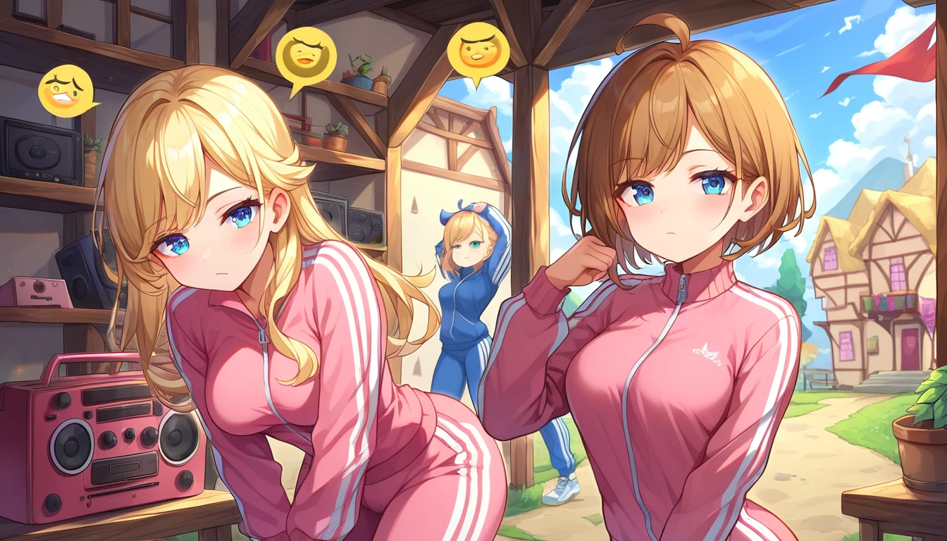 ((2girls:1.3)), ((tracksuit:1.3)), ((boombox:1.3)), ((blush:1.3)), ((yuri:1.3)), ((slow dancing:1.3)), (((moe style:1.3)), ((perfect face)), ((extremely cute:1.3)), ((masterpiece:1.3)), ((8k)), ((best quality:1.3)), ((beautiful)), ((extremely detailed:1.3)) , ((absurdres)), AddXL, ((score_9:1.3)), ((score_8_up:1.3)), ((score_7_up:1.3)), Expressiveh 