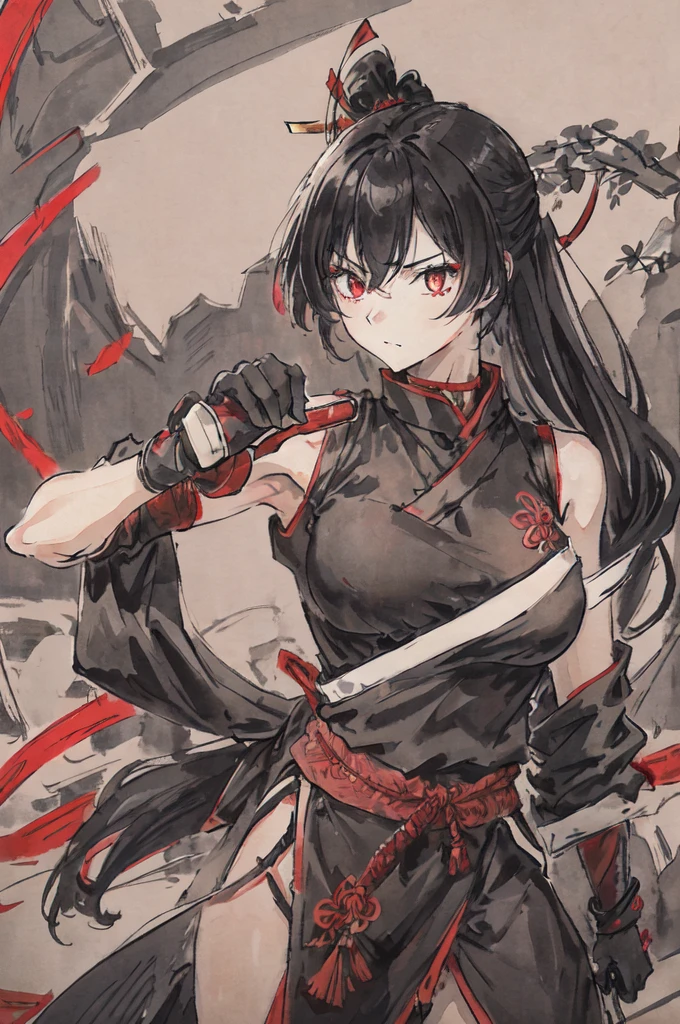 shuimobysim, masterpiece, Best quality, Drawing of a black-haired futuristic female ninja illustration, 1girl, breast, Dressed in sophisticated modern ninja costumes,Equipped with traditional and technological weapons. She has long black hair,Tied with a red ribbon and a symbol。She must be wearing a high-end black outfit with red accents,These include letters. She holds a dagger,The hilt and scabbard have intricate patterns. The background is the Edo period, Five fingers, Right fist.