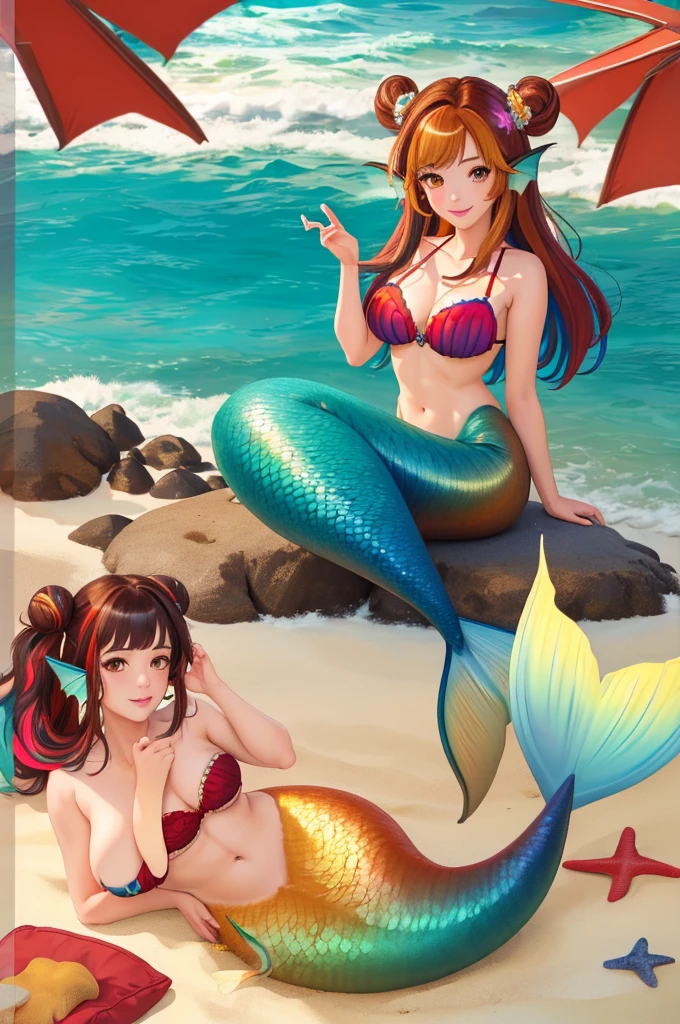 masterpiece, best quality:1.2), 1girl, smile, looking at viewer, brown hair in one bun with hair sticks, golden eyes, multicolored hair, mermaid, multicolored mermaid tail, laying on beach, fin ears, head fins, seashell bra, by orchid flowers