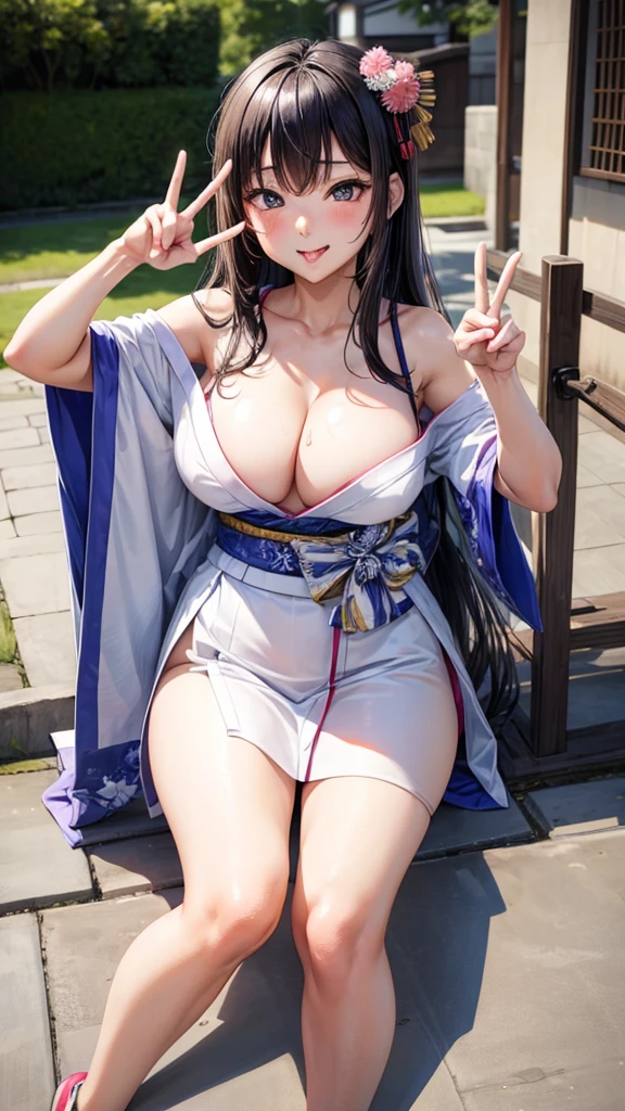 Extremely sexy Japanese women。sticking out your tongue and drooling。Cross-eyed with both hands making a peace sign。Naked and M-shaped legs