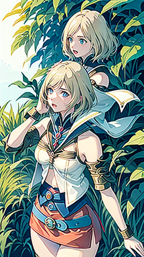 White background,appearance々Facial expressions,cowboy shot,(masutepiece, of the highest quality, Best Quality, Official art, Beautiful and aesthetic:1.2), ighly detailed, Colorful,highest details,Illustrations,Everyday scenery, 1girl in, Solo, (Final Fantasy 12,Ashelia, shorth hair,short-hair ,Ashelia Costume,Red mini skirt, thighs thighs thighs thighs, Knee socks that cover up to the shin,jewely, Blue belt,Number on one of the belts), is standing, gritted teeth, Heavy breathing, move chart,Medieval fantasy