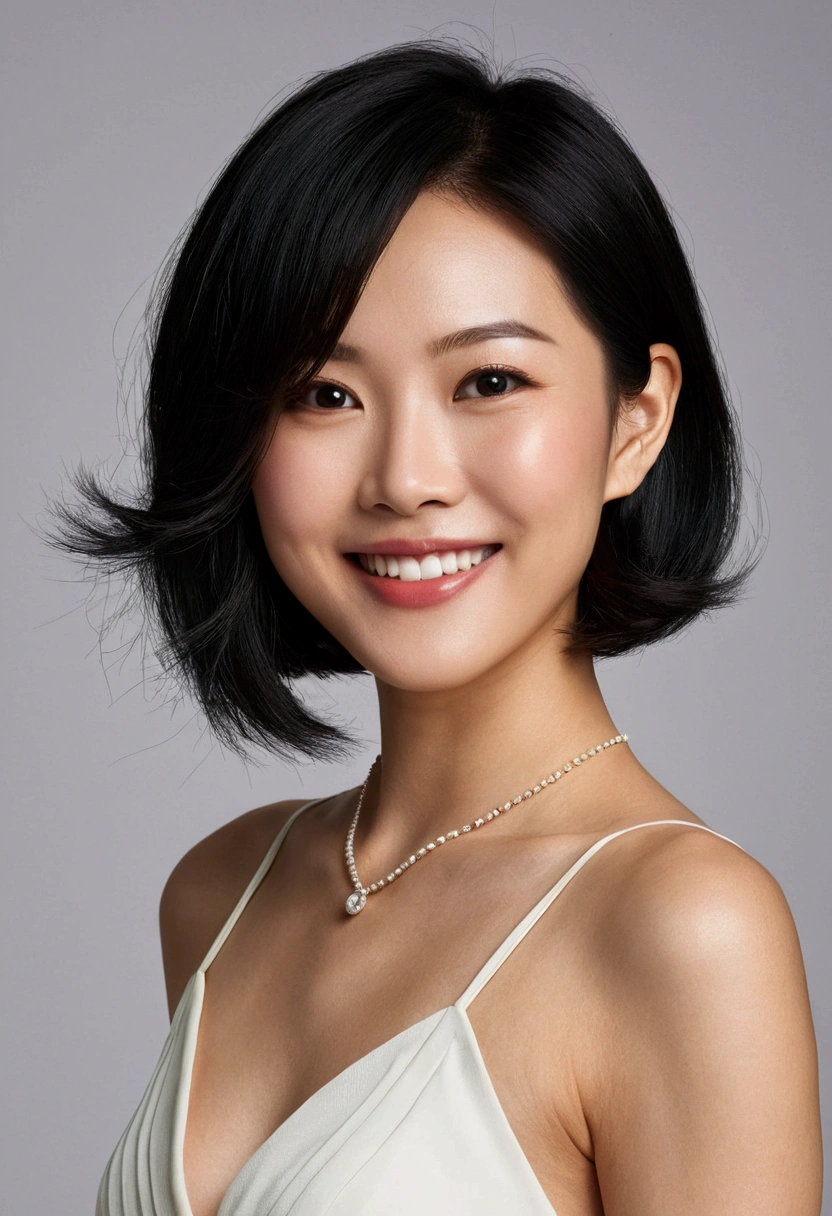 delicate　high resolution　Wife　Shortcut Hair Style　Asian Woman　Black Hair　Beautiful neckline　Beautiful posture　smile　have confidence　Left facing　healthy　
