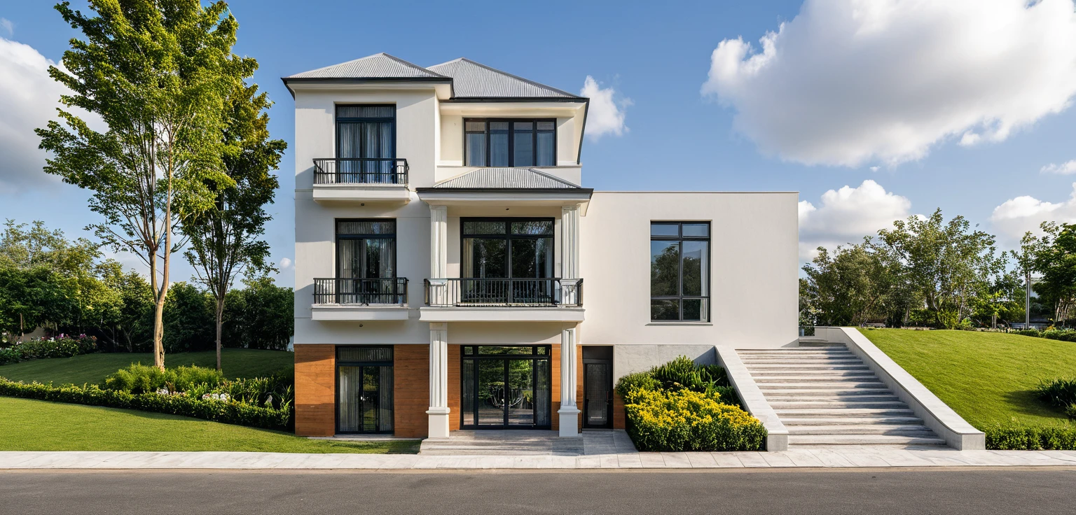 Masterpiece, high quality, best quality, authentic, super detail, outdoors, onestoreyvillaXL, aiaigroup, house style modern on the street ,stairs, white wall ,road,pavement, grass, trees, sky, cloud, (daylight:1.1)