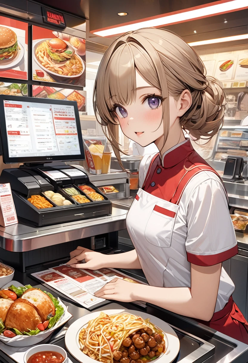 ( Correct and perfect anatomy ) Cute charming anime girl wearing white fast food uniform(Fast food clerk) There is a cash register in front of work in a fast food restaurant with a hand holding an order form. There are rich healthy side dishes around the cash register. The background of fast food meals is a rich meal preparation scene. Exquisite illustrations are super detailed.,Ultra-precise depiction, Ultra-detailed depiction of masterpieces Highly detailed concept art Highly detailed digital art