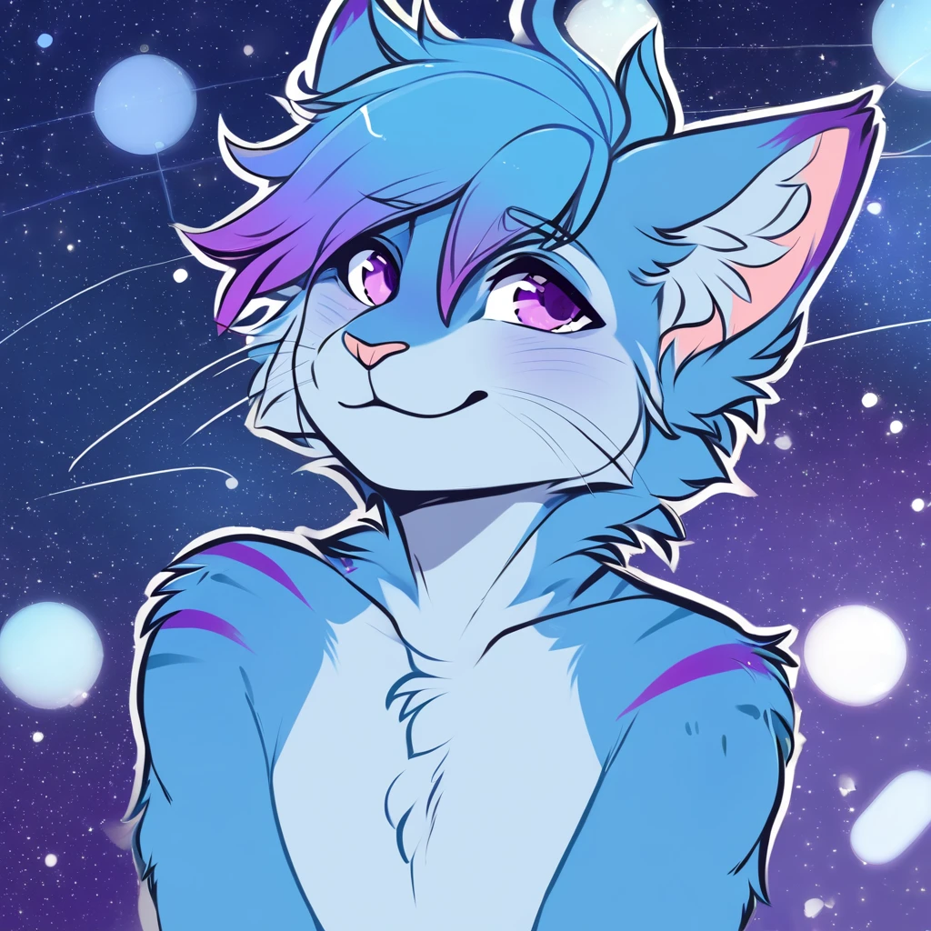 adult, feline, mammal, anthro, anthropomorphic, cat, striped, fur, striped_feline, fur, furred_anthro, femboy, male, light_blue chest cerulean_hair, fluffy, ears, azure_blue_ears, purple_eyes, cerulean_hair, expressive eyes, feline_ears, azure_blue_fur, light_blue_chest, shy, small_pupils, digital_art, high_resolution, high_res, hand-drawn, pencil_lines, head_visible, background, neck_visible, seductive_face, white_outline, profile_picture, head_visible, tail, blue_galaxy_background, galaxy, smiling