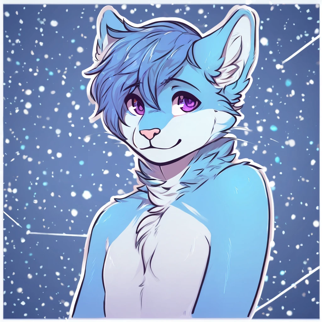 adult, feline, mammal, anthro, anthropomorphic, cat, striped, fur, striped_feline, fur, furred_anthro, femboy, male, light_blue chest cerulean_hair, fluffy, ears, azure_blue_ears, purple_eyes, cerulean_hair, expressive eyes, feline_ears, azure_blue_fur, light_blue_chest, shy, small_pupils, digital_art, high_resolution, high_res, hand-drawn, pencil_lines, head_visible, background, neck_visible, seductive_face, white_outline, profile_picture, head_visible, tail, blue_galaxy_background, galaxy, smiling