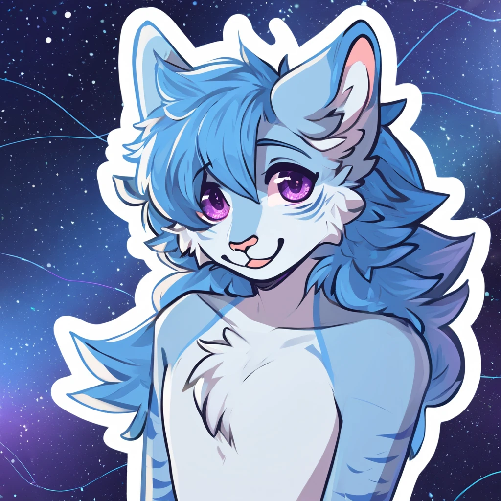 adult, feline, mammal, anthro, anthropomorphic, cat, striped, fur, striped_feline, fur, furred_anthro, femboy, male, light_blue chest cerulean_hair, fluffy, ears, azure_blue_ears, purple_eyes, cerulean_hair, expressive eyes, feline_ears, azure_blue_fur, light_blue_chest, shy, small_pupils, digital_art, high_resolution, high_res, hand-drawn, pencil_lines, head_visible, background, neck_visible, seductive_face, white_outline, profile_picture, head_visible, tail, blue_galaxy_background, galaxy, smiling
