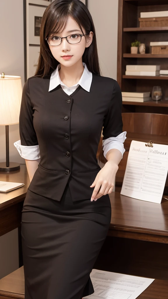 Secretary's attire,Sexy beauty ,,Woman sitting on shelf,Crossing your legs,Against the background of the sky,,Brown Hair,Wear glasses,Highest quality,masterpiece