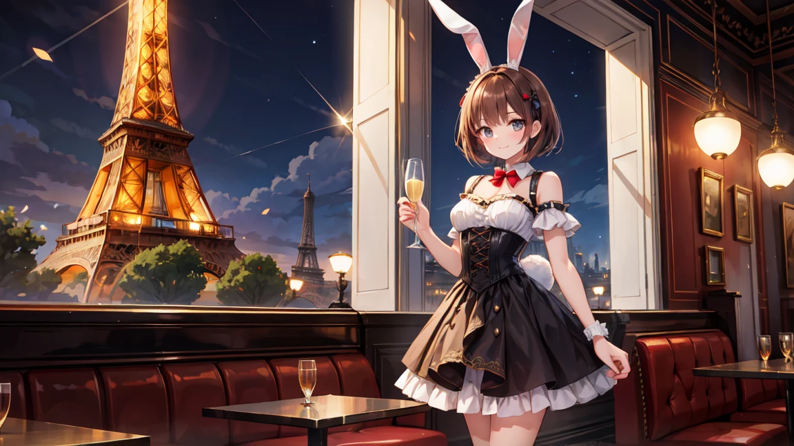 "A beautiful French bunny girl, wearing a chic and stylish bunny outfit. She has dark brown hair styled in a chic bob, hazel eyes, and a playful smile. The outfit includes a corset with a classic French flair, adorned with lace and ribbons in colors of the French flag (blue, white, and red), matching high heels, and a pair of fluffy white bunny ears with a small French beret. She is holding a delicate glass of champagne. She is standing in a Parisian café with a view of the Eiffel Tower in the background. The atmosphere is romantic and elegant, capturing the essence of French culture."