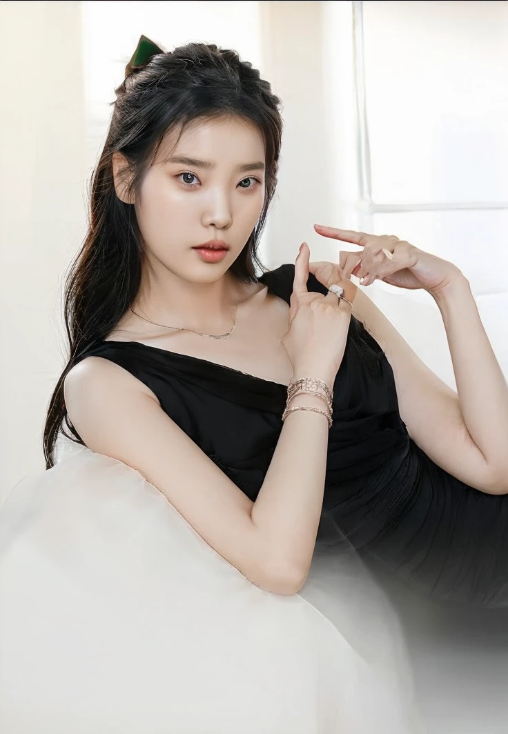 Korean singer IU, black gown, lovely and delicate face. long black hair, korean beauty, Korean young UI