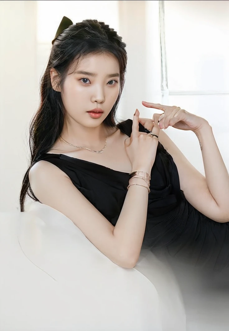 Korean singer IU, black gown, lovely and delicate face. long black hair, korean beauty, Korean young UI
