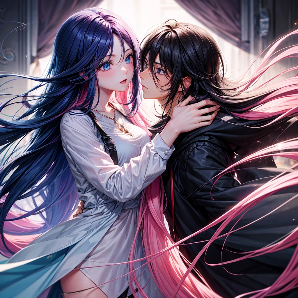 with long pink hair and blue eyes kissing a boy with short black hair