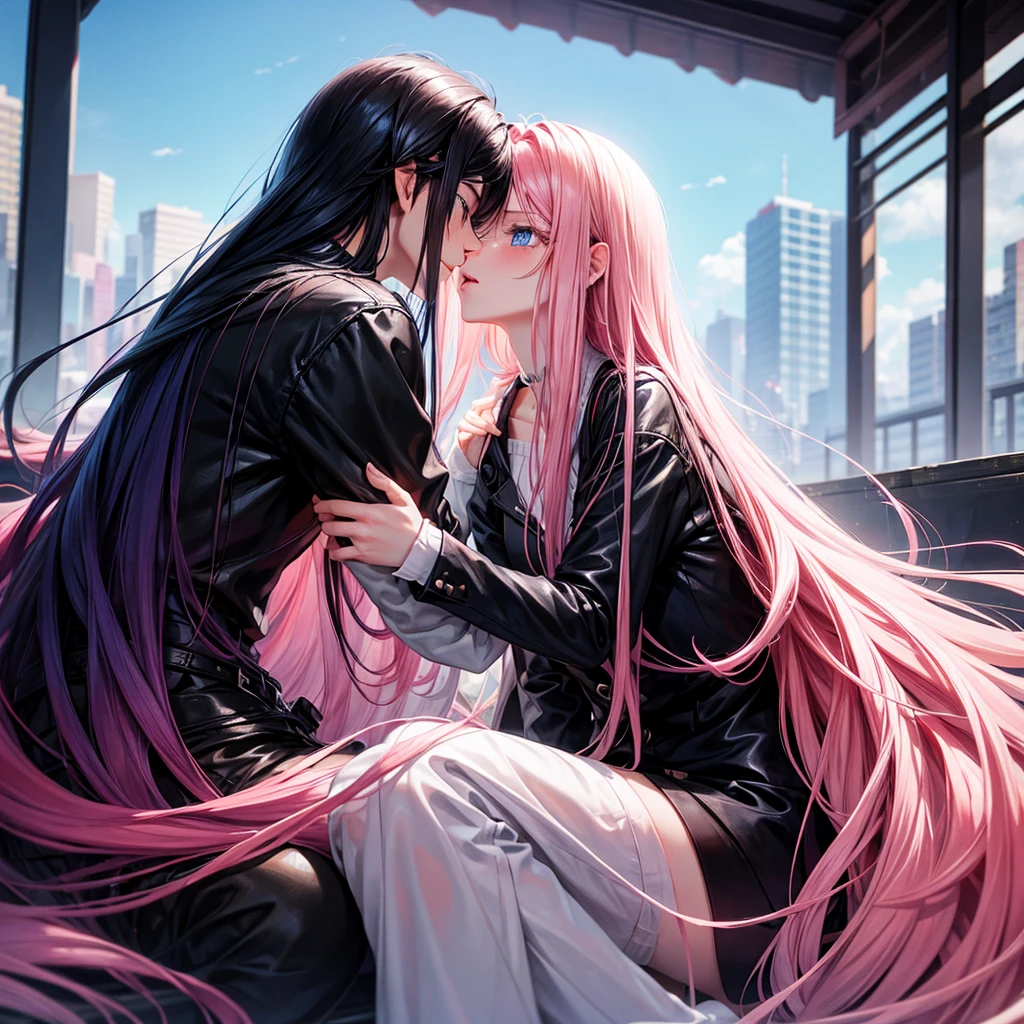  with long pink hair and blue eyes kissing a boy with short black hair 