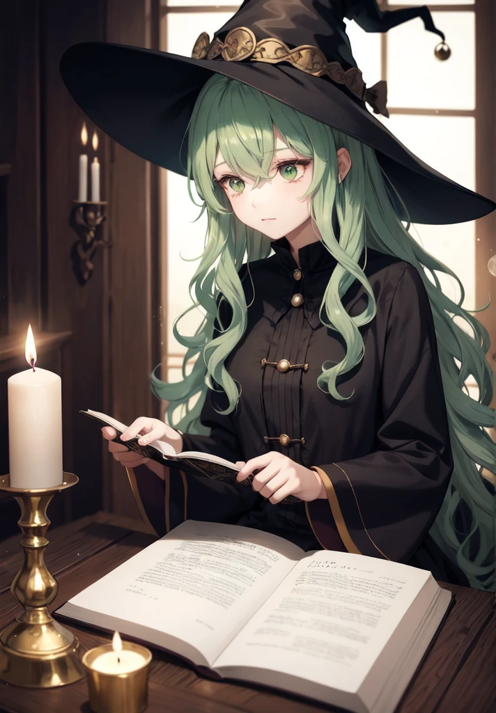 original character , beautiful girl with green wavy hair , witch hat , sitting in a dimley lit room , candles , casting a spell , sitting on the floor , dark room , reading a spell book, looking away , shallow depth of field , rendered , stunning details