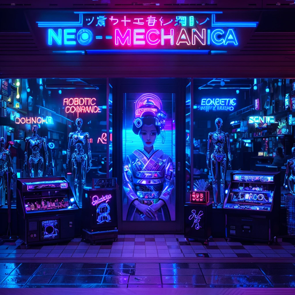 A neon-lit retrofuturistic street, Neo-Mechanica shop, robotic geisha mural, chrome mannequins, vintage arcade cabinets, robotic companions, checkerboard floor, robotic DJ, cybernetic humans and robots, cybernetic clerk, clanking metal, holographic price tags, digital voices, (best quality,4k,8k,highres,masterpiece:1.2),ultra-detailed,(realistic,photorealistic,photo-realistic:1.37),cyberpunk,synthwave,neon,chrome,holographic,pixelated,retro-futuristic,cinematic lighting