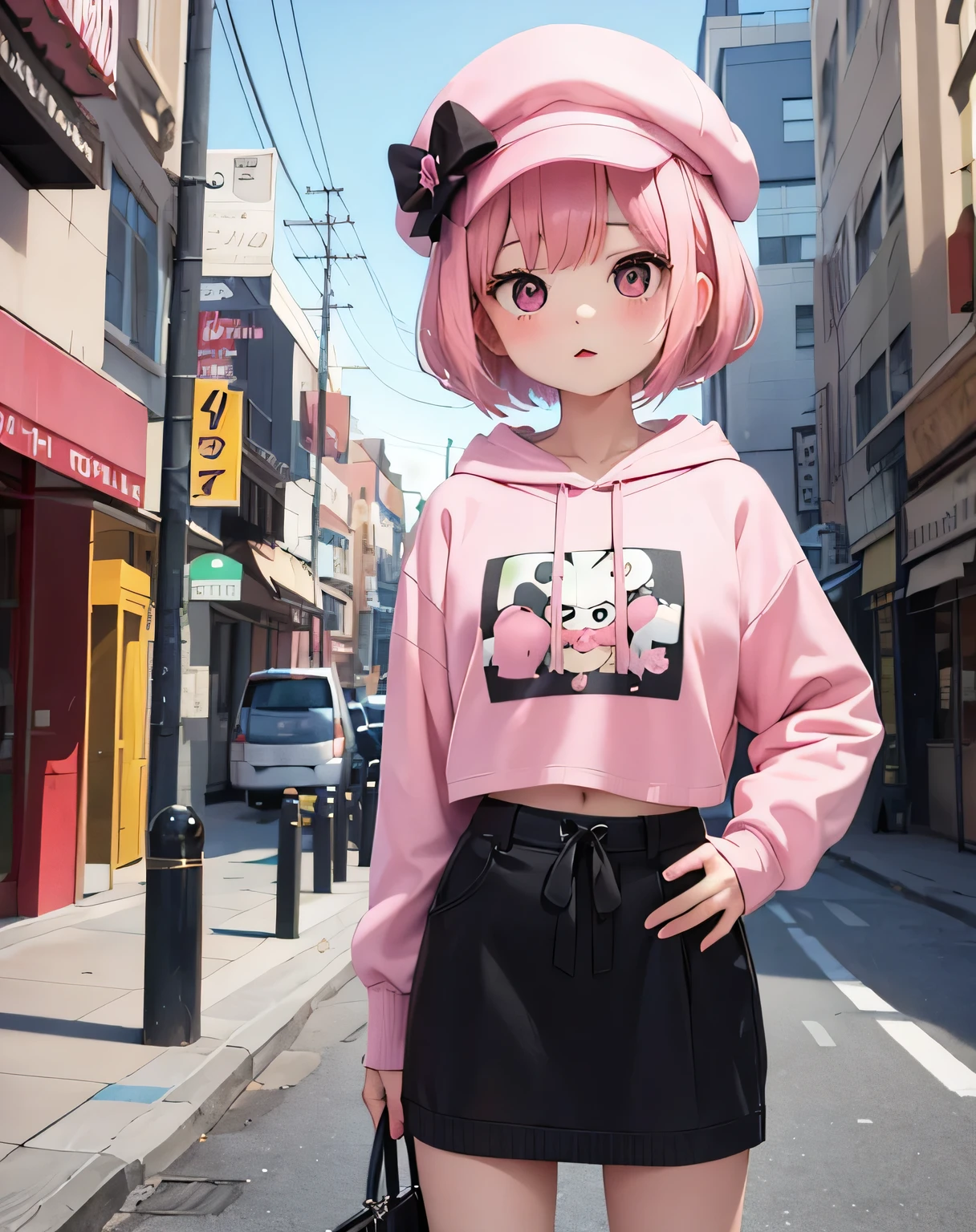 masterpiece,1 girl,alone,(((cutest girl ever)))、short hair,pink hair,Fashionable hoodies,mob cap, street,put your hands on your hips, put one'Hand in hand'pocket of,