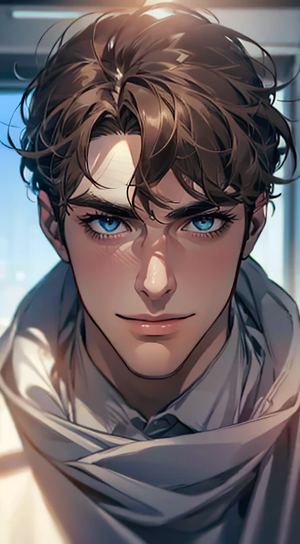 (best quality,4k,8k,highres,masterpiece:1.2),ultra-detailed,(realistic,photorealistic,photo-realistic:1.37),1 man,31 years old,mature man,very handsome,without expression,smile,short grey brown hair,blue eyes,penetrating gaze,perfect face without errors,imposing posture,businessman,office background,cinematic lighting,hdr image
