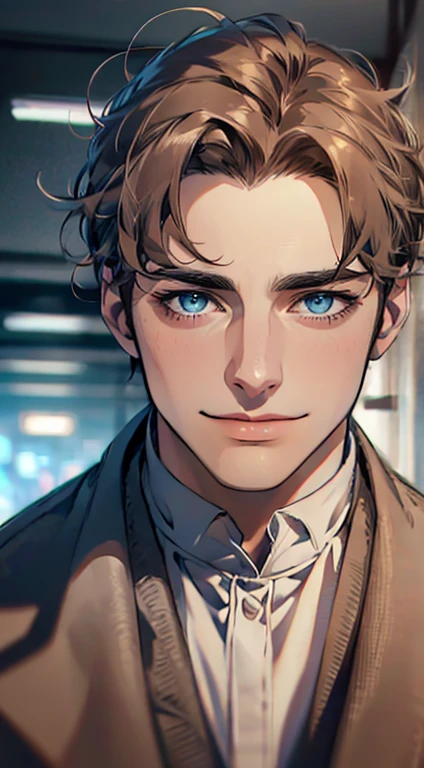(best quality,4k,8k,highres,masterpiece:1.2),ultra-detailed,(realistic,photorealistic,photo-realistic:1.37),1 man,31 years old,mature man,very handsome,without expression,smile,short grey brown hair,blue eyes,penetrating gaze,perfect face without errors,imposing posture,businessman,office background,cinematic lighting,hdr image