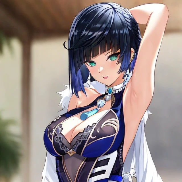 a girl,arm up,armpit show,smirk