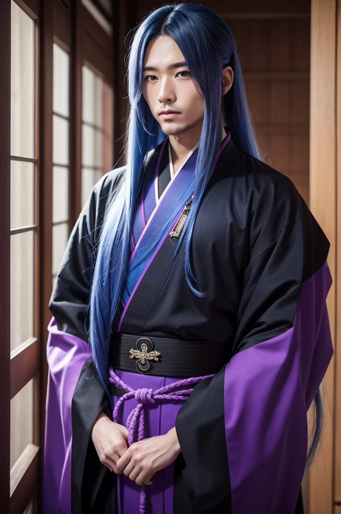 A male  with long blue hair at the ends, with black kimono and purple belt 