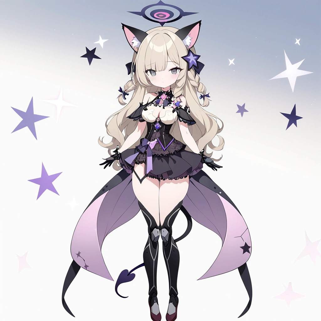 woman 170 cm tall. medium chest, wide hip, slim build, ((whole body)). (((character design sheet: front view))). (dark blonde hair, (hip-length wavy hair with asymmetrical bangs), She has a short braid tied with an elegant purple bow on the left side of her hair above her chest. She has a short braid tied with an elegant purple bow on the right side of her hair above her chest. She has small ribbons in the back of her hair..). ((Gray eyes with a pink 4-pointed star in the pupil.)). Two black and purple serval ears located on the top of the head. (Luminous black halo with purple star patterns above his head). He has a black collar with a heart emblem on his neck.. (Elegant one-piece long dress with lace and ruffle skirt, ribbon decorations and star patterns on the dress). black gloves, beautiful black platform heels. gray belt at the waist with a large ribbon with a luminous pink heart in the middle. (It has a beautiful succubus tail with a small purple star on the tip.). ((It has complex mechanical legs that reach up to the thighs and are black with small purple details..)). beautiful detailed hair, beautiful detailed dress. extremely detailed arms. extremely detailed face, small face, Beautiful detailed eyes, beautiful detailed lips. adorable. extremely detailed legs. (Best Quality, 4k, high resolution), ultra detailed, Exquisite and epic character art., ((White background)).