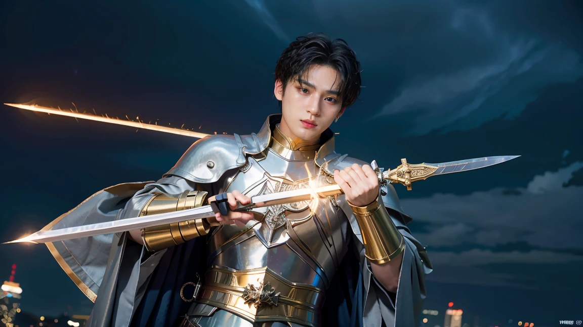 (masterpiece, best quality), A paladin holding a light infused sword, light magic, divine, magewave, silver and gold, 4k, dark cityscape, Fujifilm, 1man, 