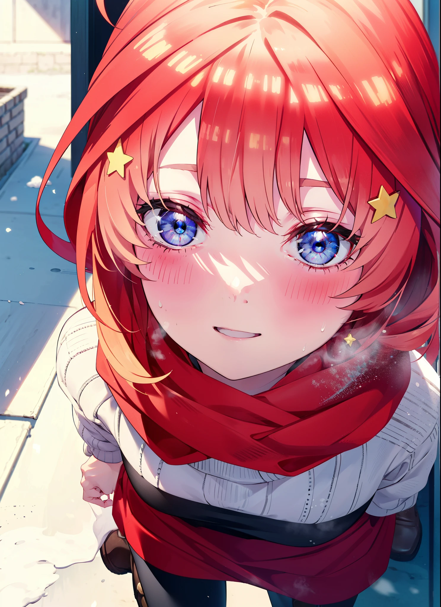 itsukinakano, itsuki nakano, bangs, blue eyes, Hair between the eyes, Ahoge, Redhead, star \(symbol\), hair ornaments, star hair ornaments,smile,Yellow scarf,red coat,White Tokkuri Sweater,Black long skirt,Black pantyhose,short boots,blush,White Breath,Close your mouth,It's snowing,It's snowing,Shirogane World,Walking,whole bodyがイラストに入るように,
break outdoors, Snow Country,Residential Street,
break looking at viewer, whole body,
break (masterpiece:1.2), Highest quality, High resolution, unity 8k wallpaper, (figure:0.8), (Beautiful attention to detail:1.6), Highly detailed face, Perfect lighting, Highly detailed CG, (Perfect hands, Perfect Anatomy),