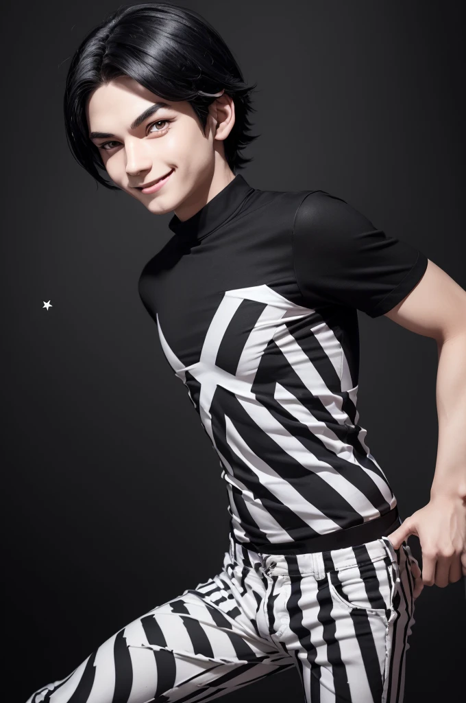 Make a Roblox style photo (a boy with black hair,black shirt with white stripes,skin color pants,and with a happy face,normal color,and black background with white stars).
